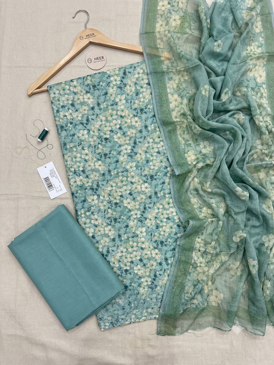 Mint Green Floral Printed Unstitched Cotton Suit Set with Sheer Printed Dupatta q562920