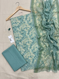 Mint Green Floral Printed Unstitched Cotton Suit Set with Sheer Printed Dupatta q562920