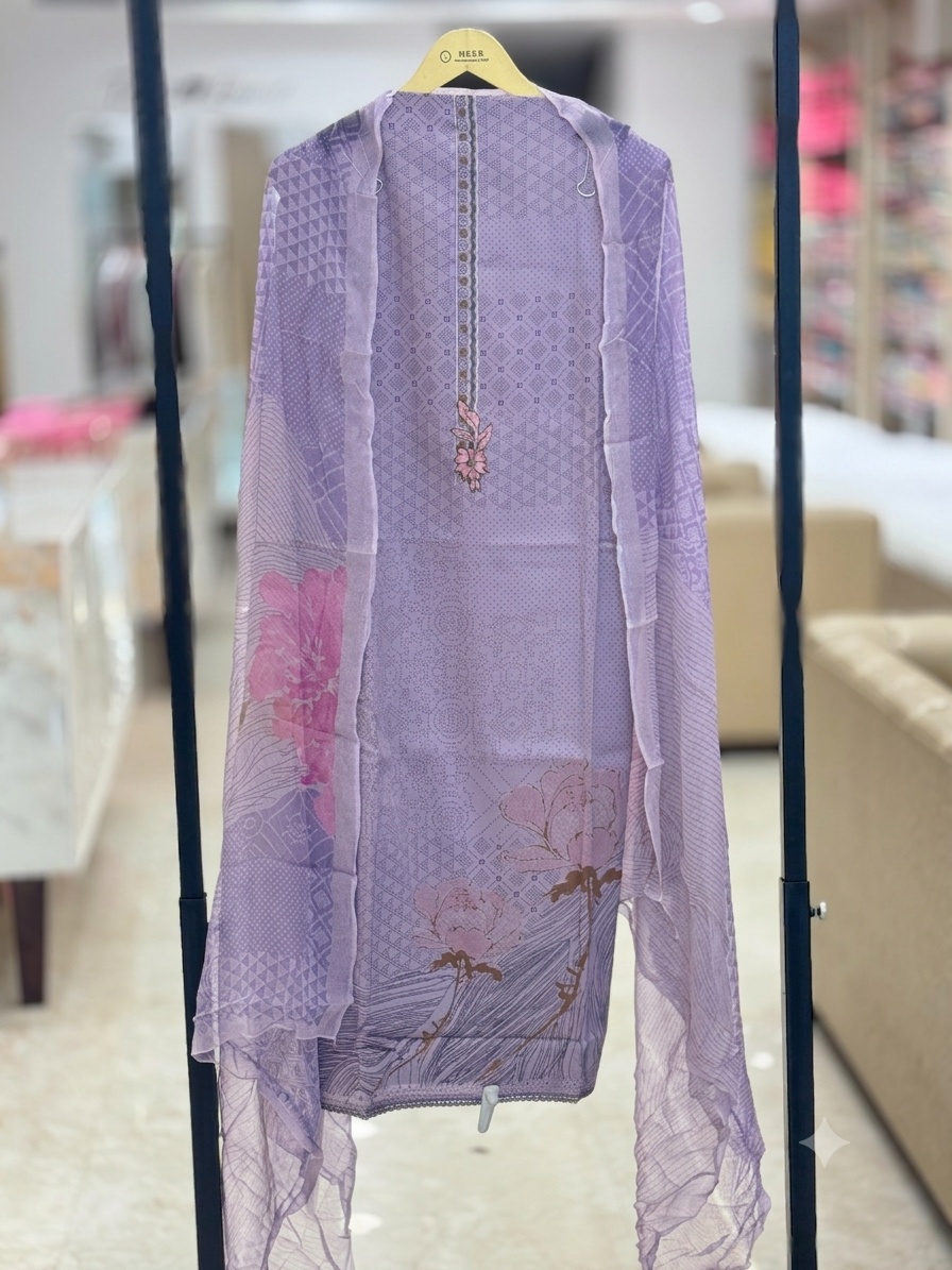 Lilac Floral Printed Unstitched Cotton Suit Set with Matching Dupatta q562918