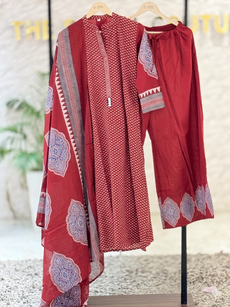 q562650  Classic Maroon Ethnic Print Kurta Set with Dupatta and Matching pant