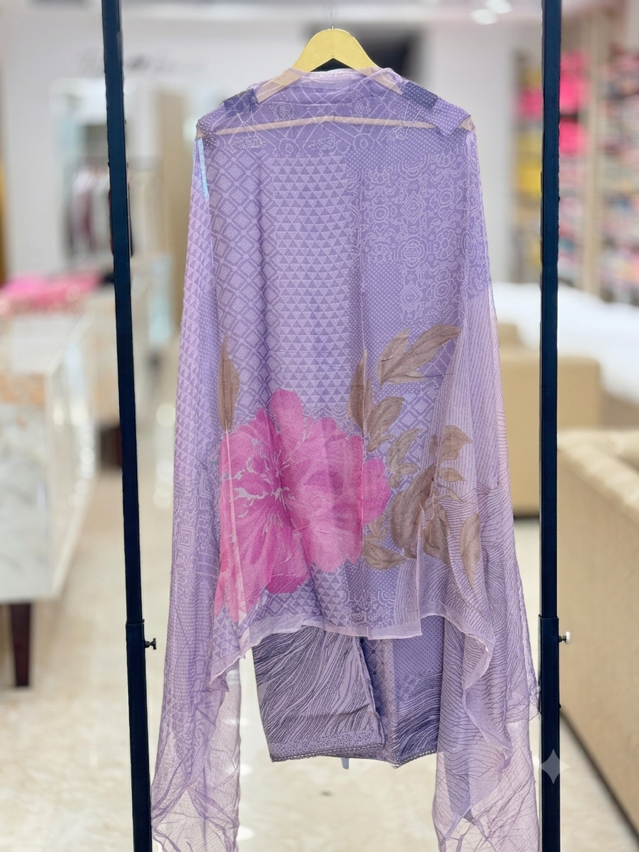 Lilac Floral Printed Unstitched Cotton Suit Set with Matching Dupatta q562918