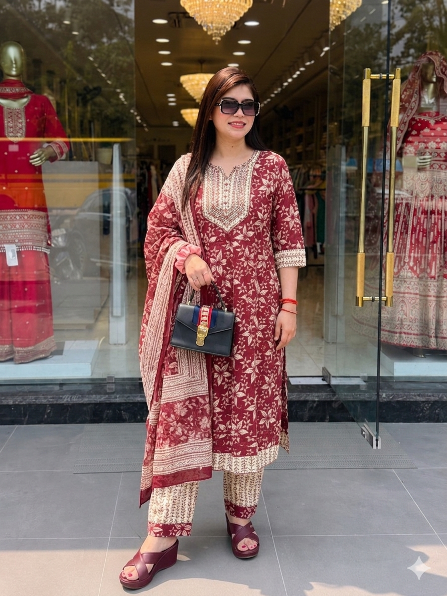 Premium Maroon Floral Hand-Block Printed Cotton Kurta Set with Coordinated Dupatta q562788