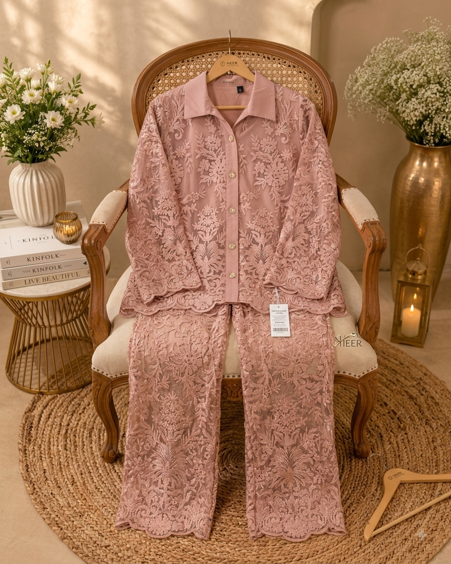 Elegant onion  Heavily Embroidered Floral Lace Blazer & Matching Trousers Co-ord Set q562853