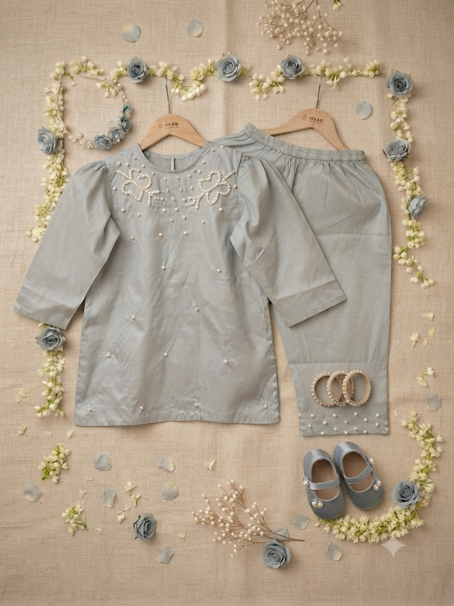 Pastel Grey Pearl-Embellished Kurta & Trousers Set q562952