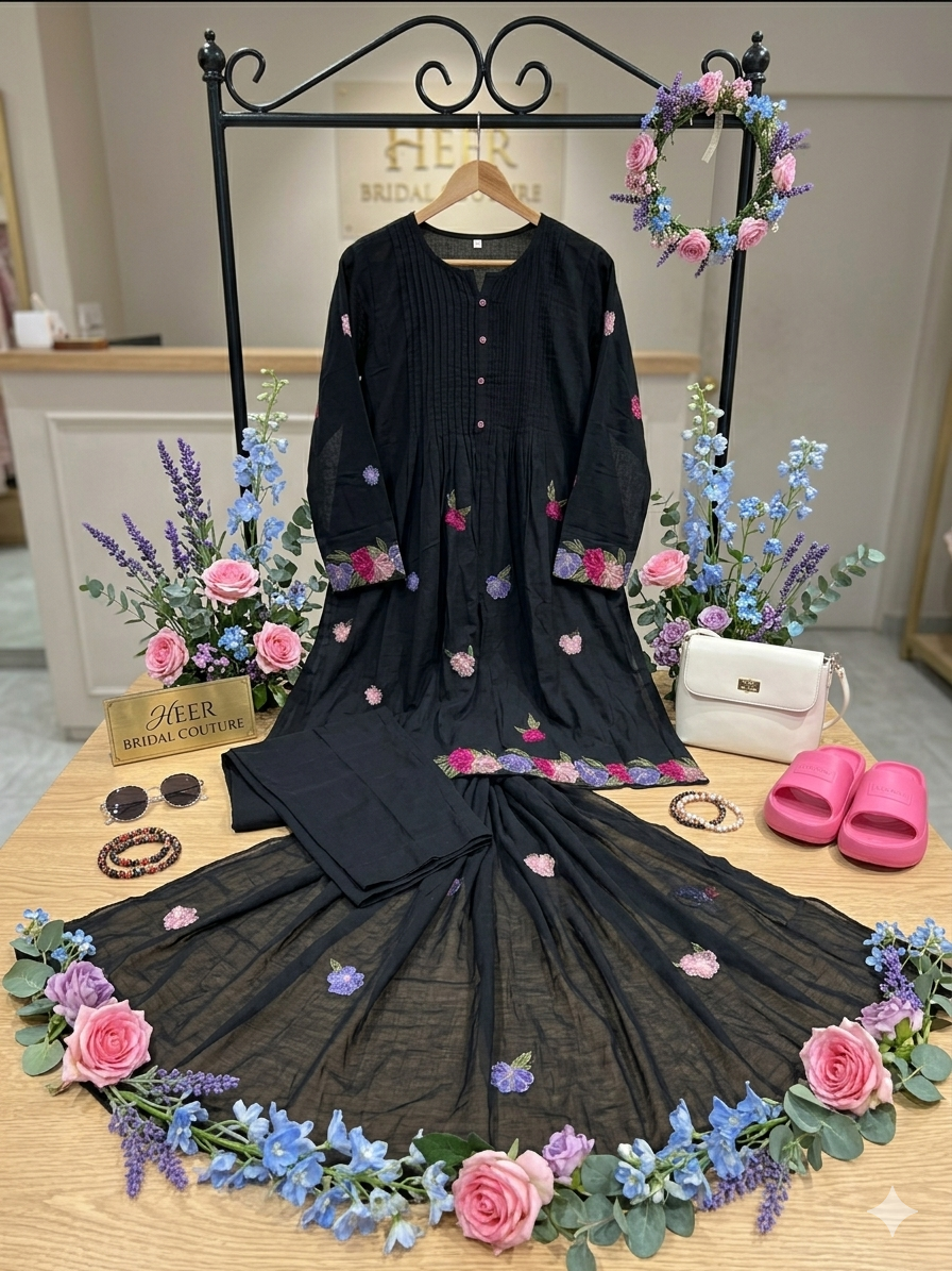 q562661 Graceful Black Kurta Set with Floral Embroidery
