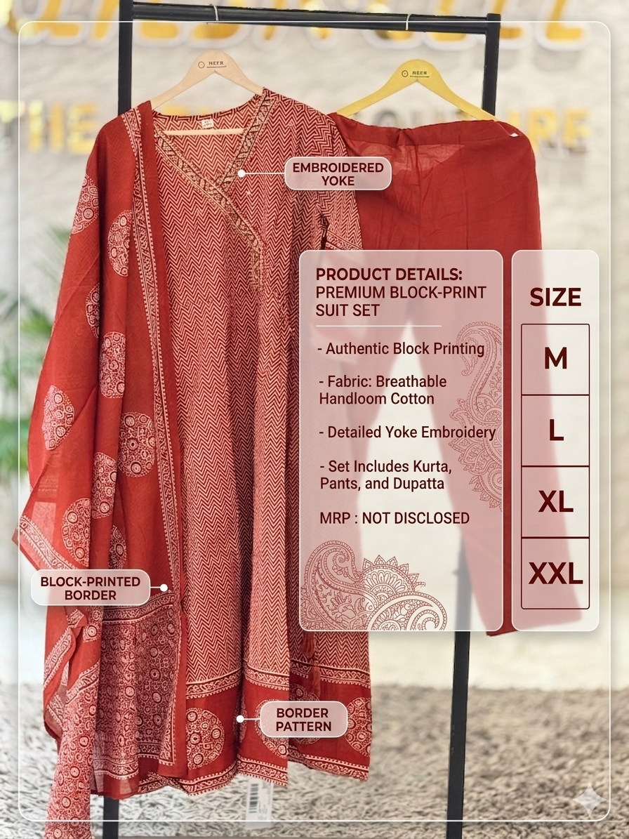 Premium Rust Red Handblock Printed Cotton Kurta Set q562783