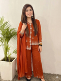Q562679 Rust Orange Heavy Embroidered Kurta Palazzo Set with Dupatta