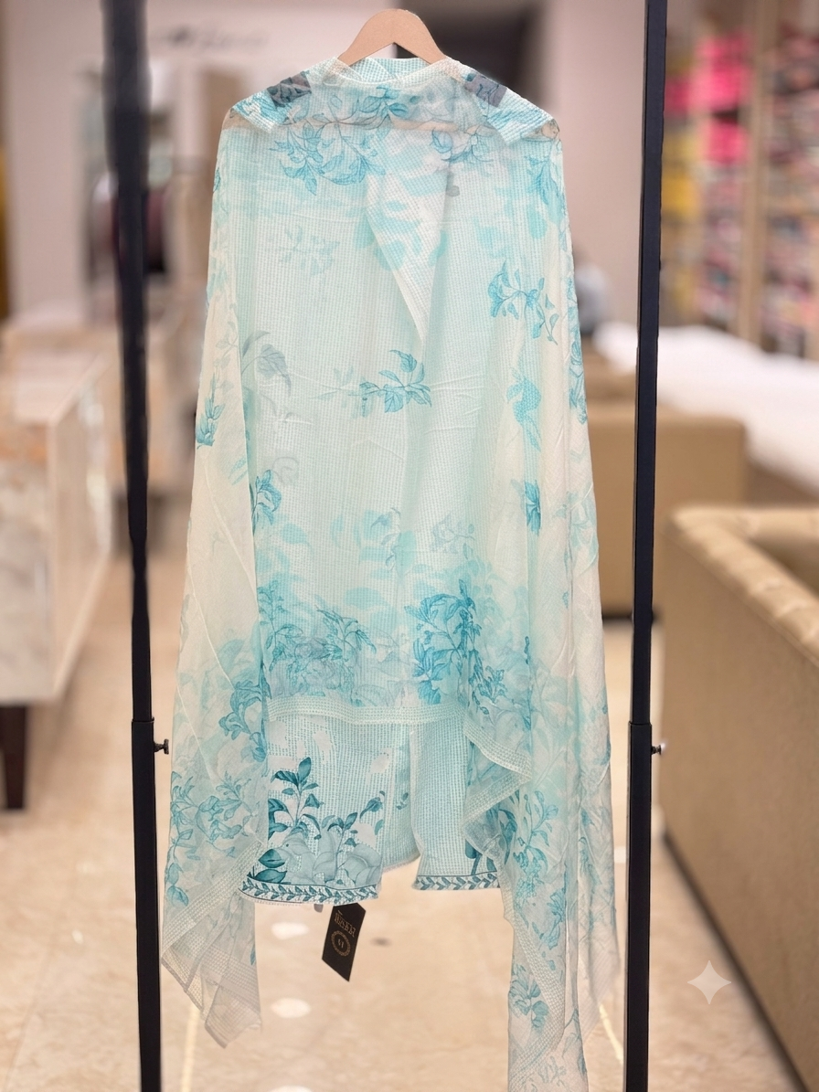 Elegant Sky Blue Floral Embroidered Unstitched Cotton Suit Set with Sheer Printed Dupatta  q562919
