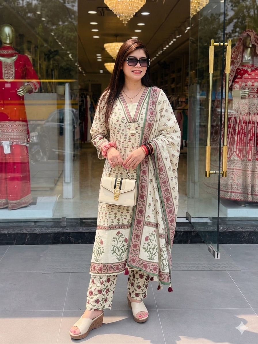 Elegant Cream and Pink Floral Block Printed Cotton Kurta Set with Dupatta q562833