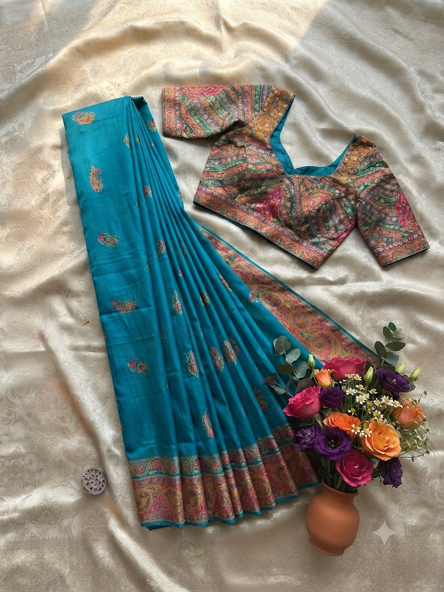 Exquisite Teal Blue Banarasi Silk Saree with Traditional stitched blouse q562965
