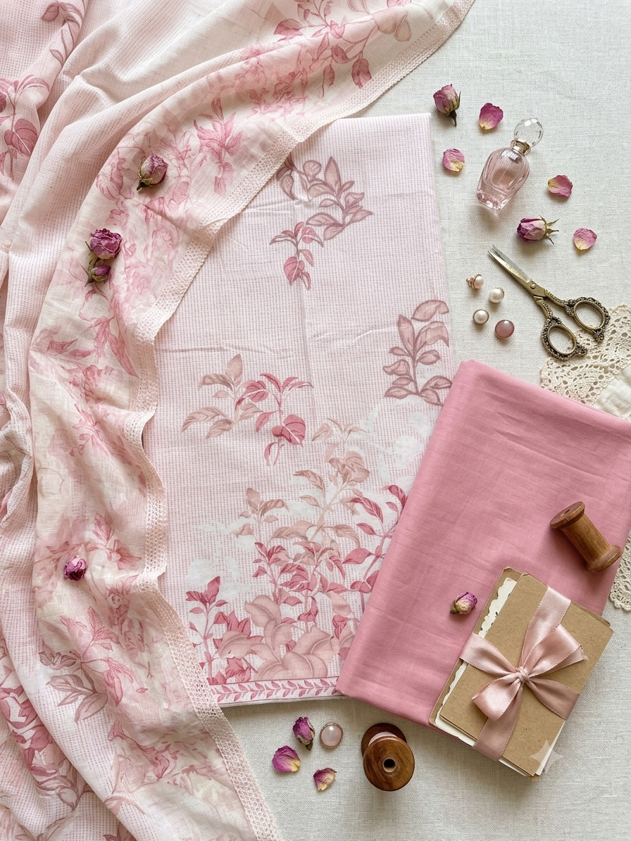 Ethereal Soft-Pink Floral premium cotton  Unstitched Suit Set q562919