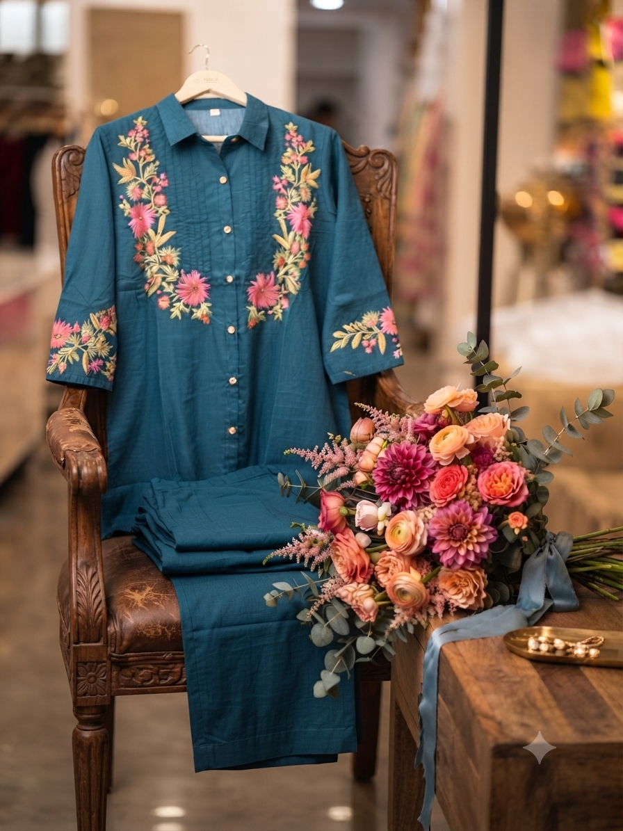 Exquisite Teal Floral Embroidered Kurta and Trouser Set q562947