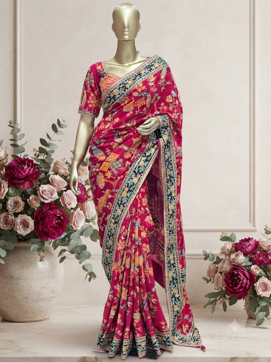Traditional Floral Print Dark Pink Saree with Contrasting Border  readymade blouse q562967