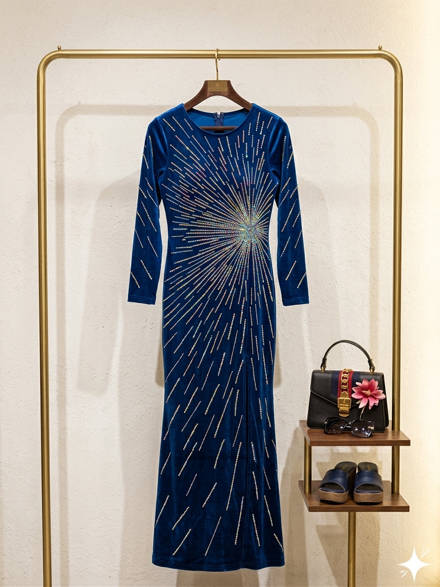 Q562152 Elegant royal blue sequin gown with dazzling starburst detailing and a sleek front slit