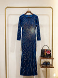 Q562152 Elegant royal blue sequin gown with dazzling starburst detailing and a sleek front slit