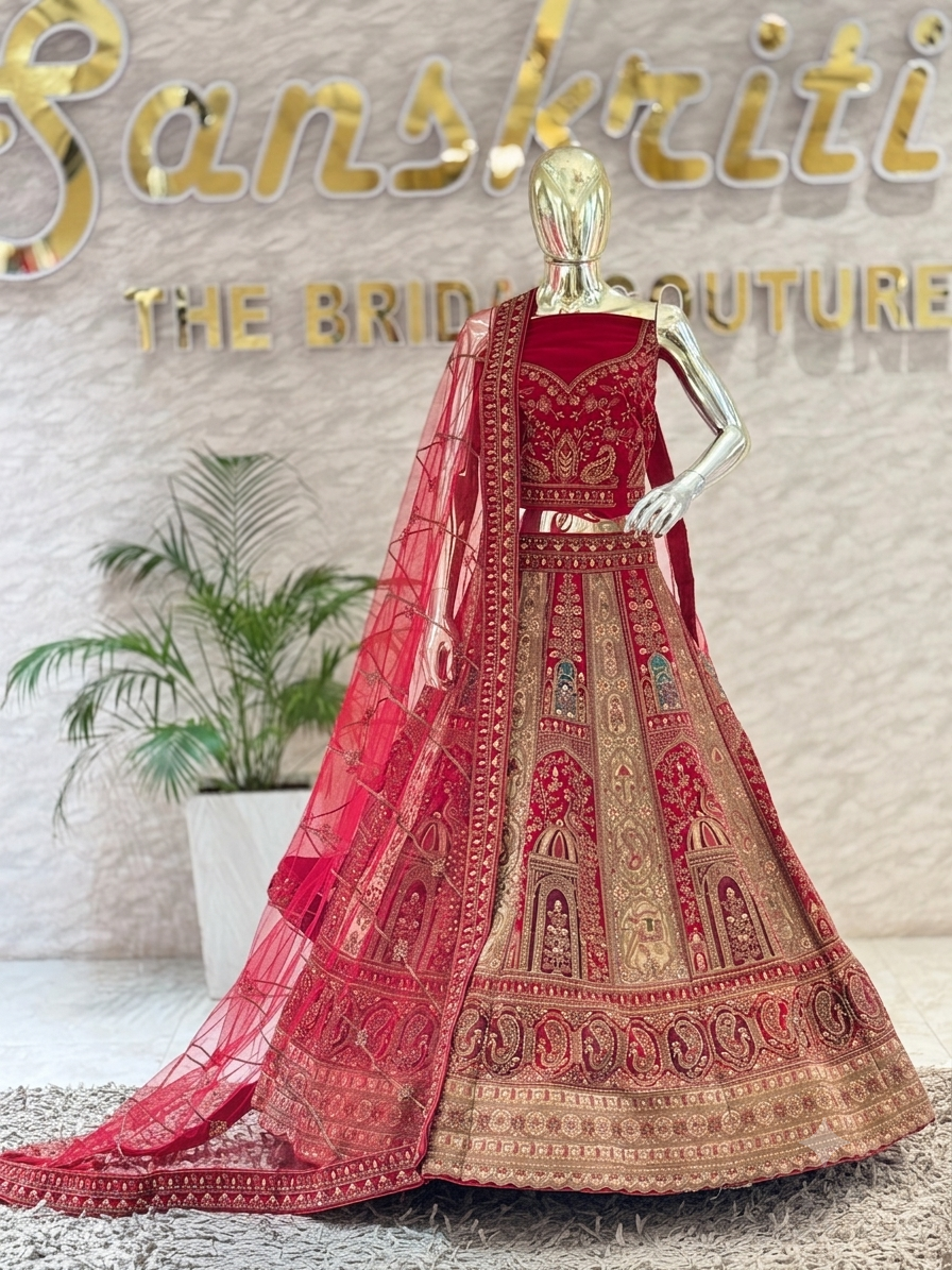 Royal Crimson Hand-Embroidered Bridal Lehenga Choli Set 109410