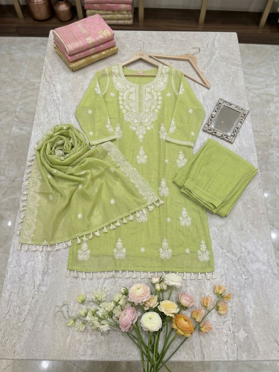 Elegant Lime Green Embroidered Chanderi Cotton Stitched Suit Set q562931