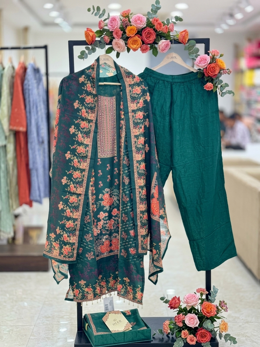 Printed Dark Green Suit Set elegant 3 pcs suit with floral dupatta q562950
