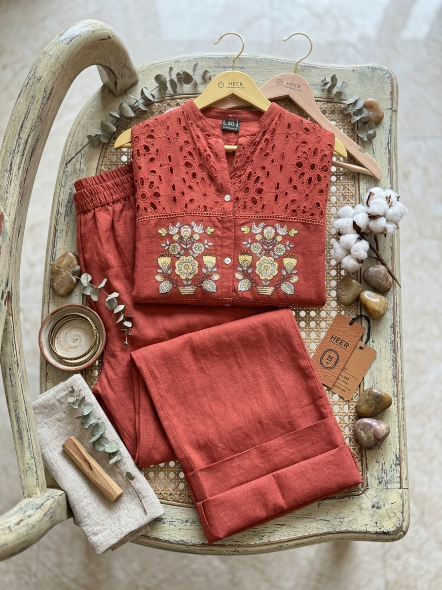 Rust Red Cutwork & Embroidered Cotton Coo-Ord Set q562670