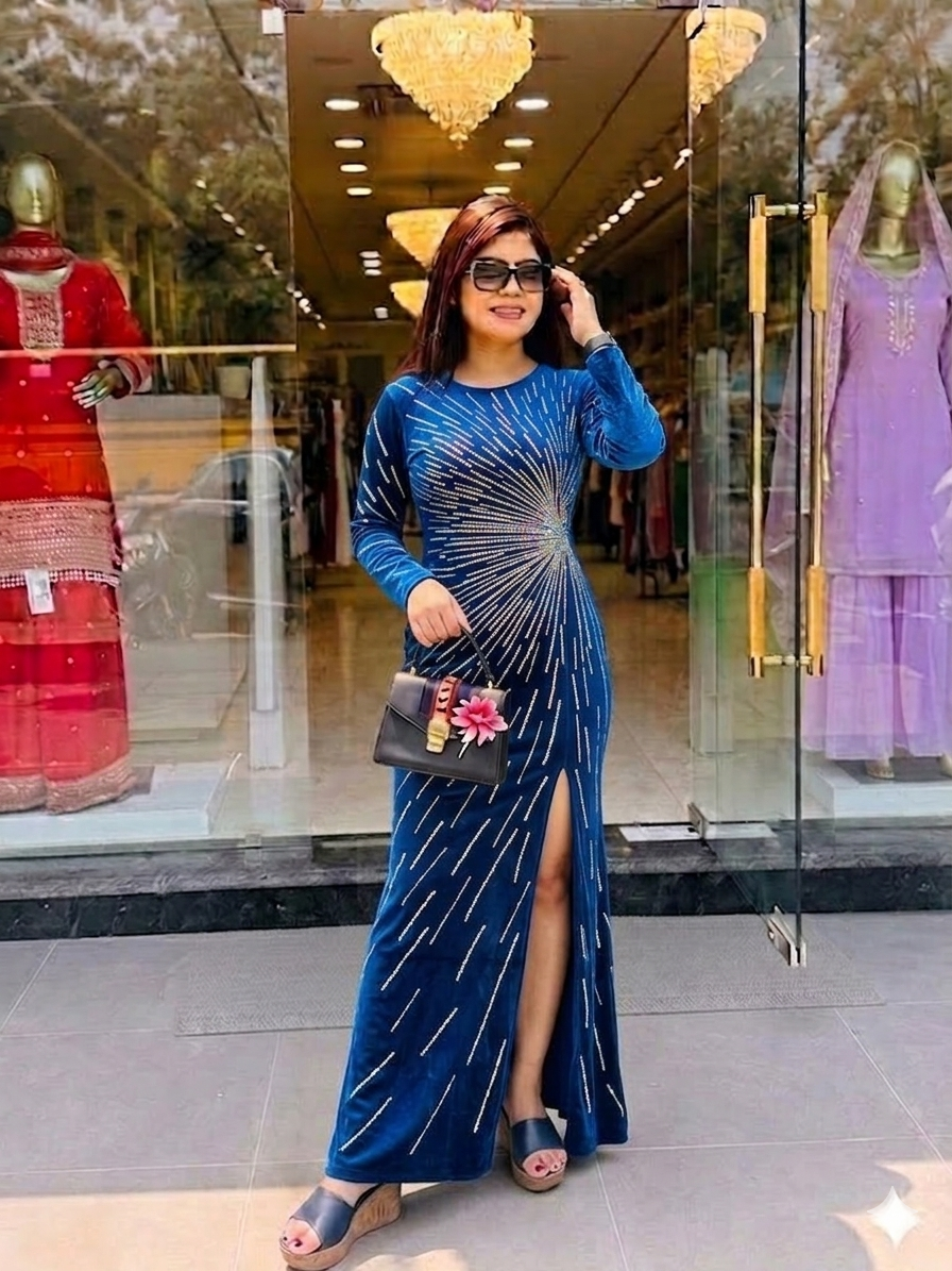 Q562152 Elegant royal blue sequin gown with dazzling starburst detailing and a sleek front slit