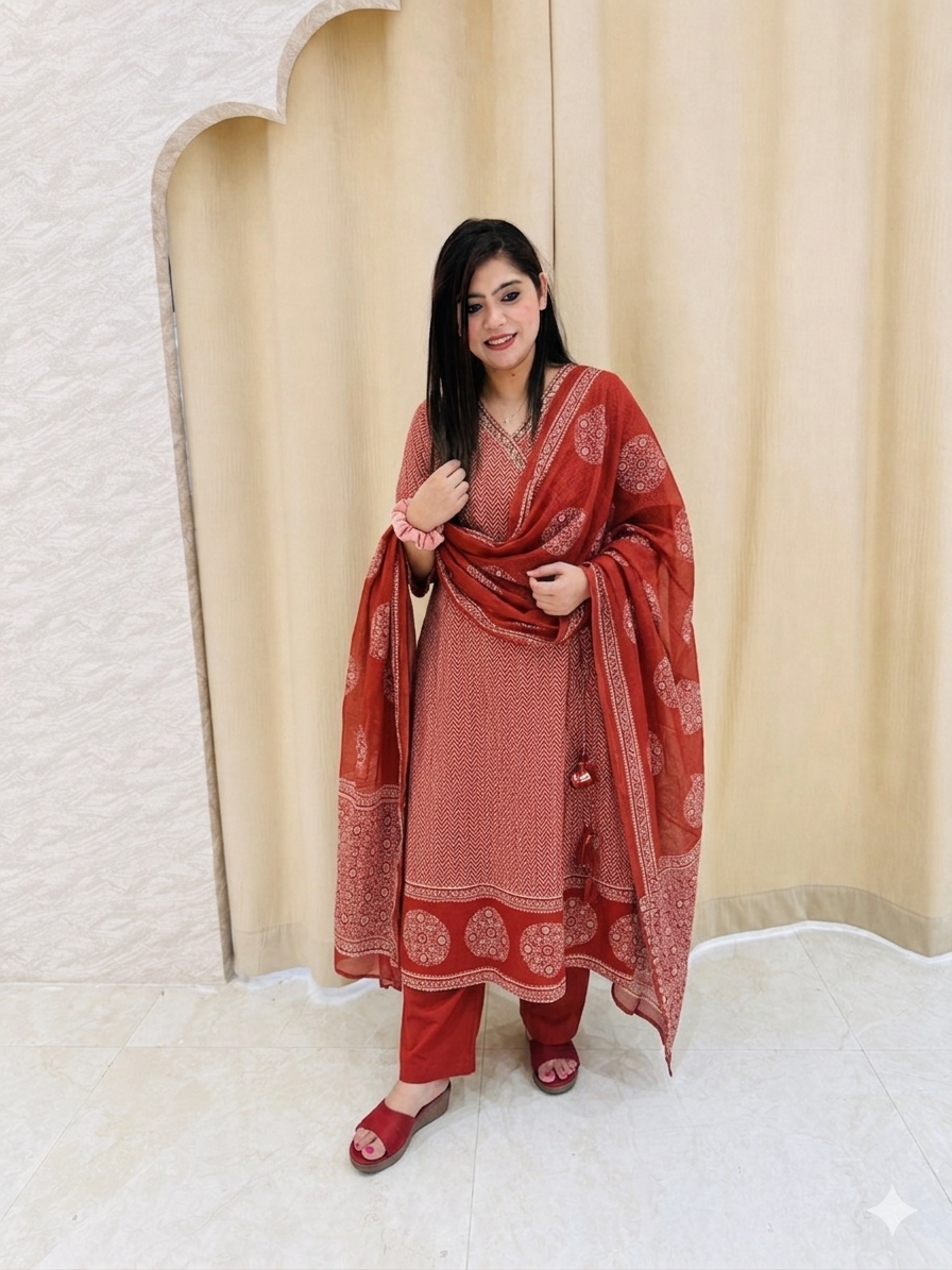 Premium Rust Red Handblock Printed Cotton Kurta Set q562783