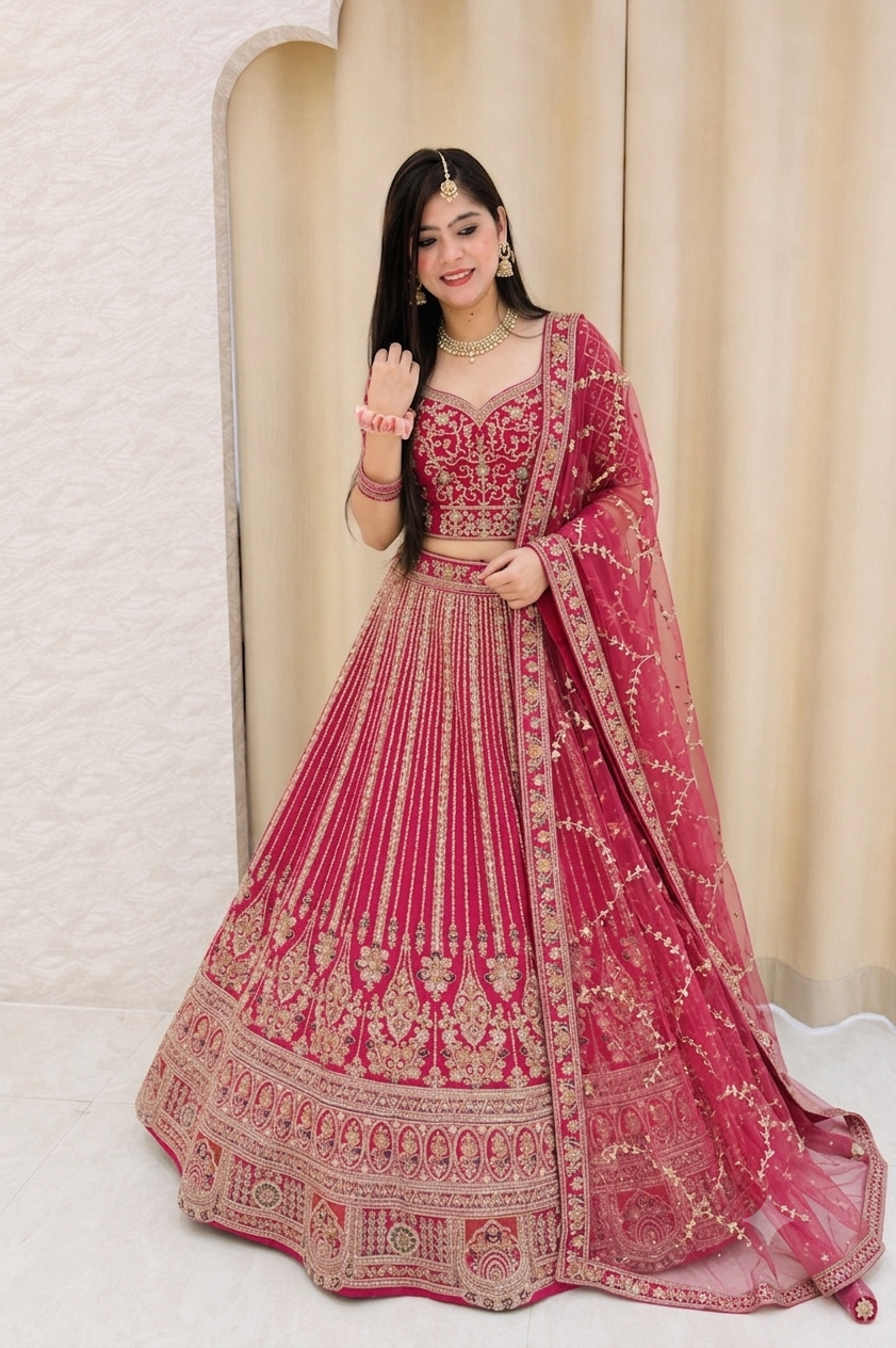 Magnificent Fuchsia Raw Silk Heavy Work Bridal Lehenga Choli q561477