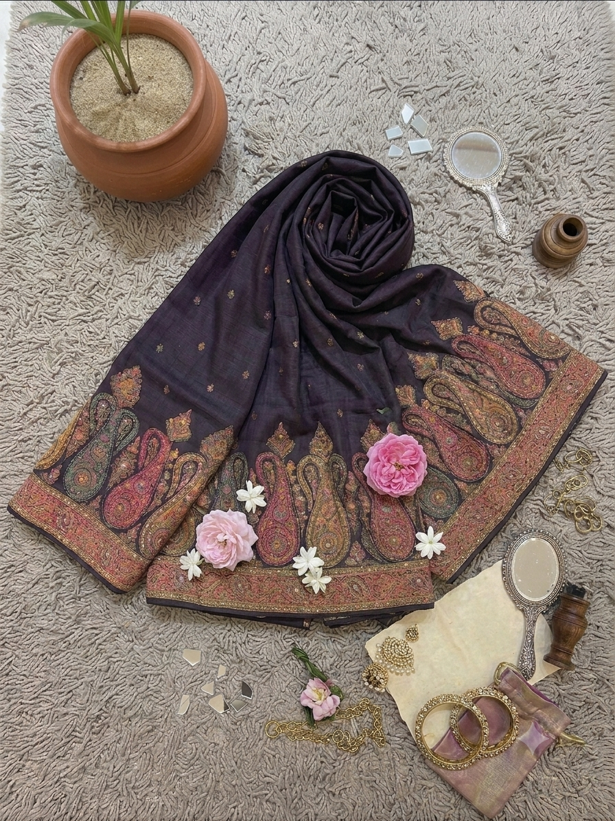 Premium Handmade Kashmiri Sozni Embroidered Black Silk Saree Q562747
