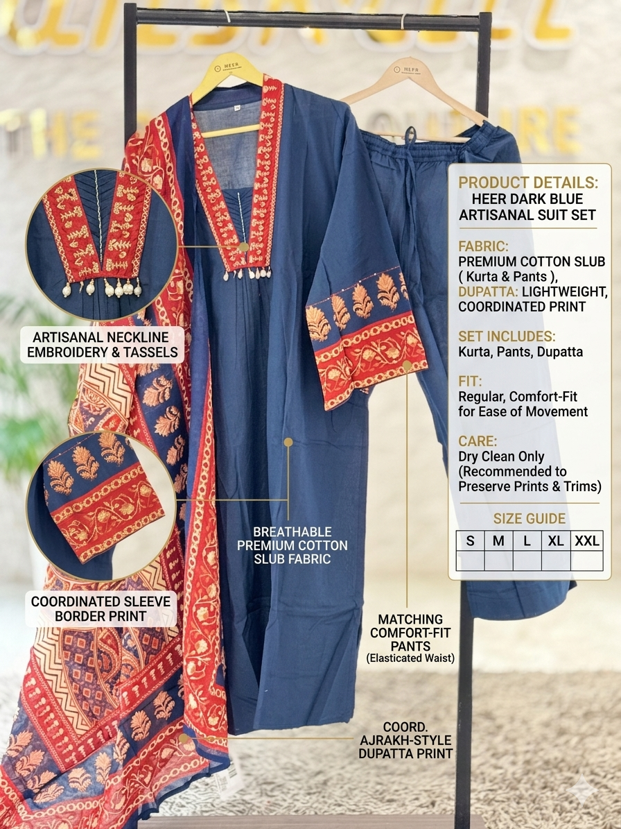 Premium Dark Blue Hand-Block Printed Cotton Slub Kurta Set with Ajrakh Dupatta q562809