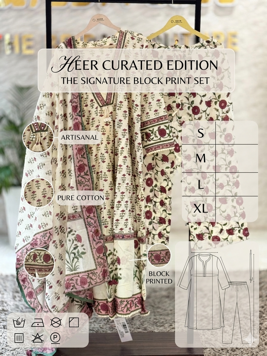 Elegant Cream and Pink Floral Block Printed Cotton Kurta Set with Dupatta q562833