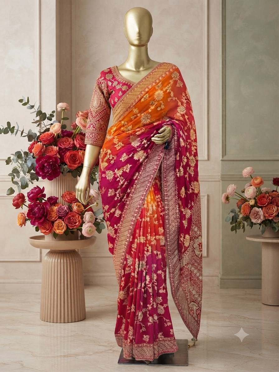 Exquisite Magenta Pink and Orange Ombre Silk Saree with Gold Zari q561180
