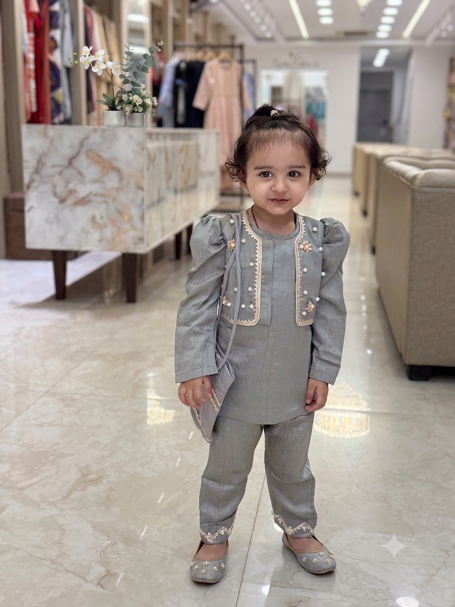 Pearl-Embellished Grey Kurta Set with Potli Bag girl q562959