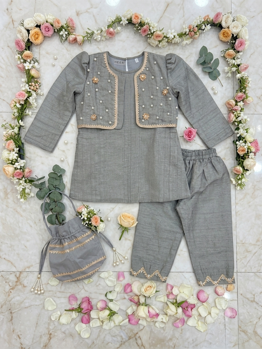 Pearl-Embellished Grey Kurta Set with Potli Bag girl q562959