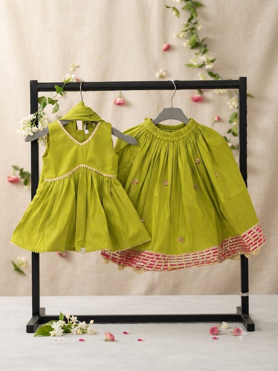 Lime Green Embroidered  Kurta & Skirt Set for Kids q562953