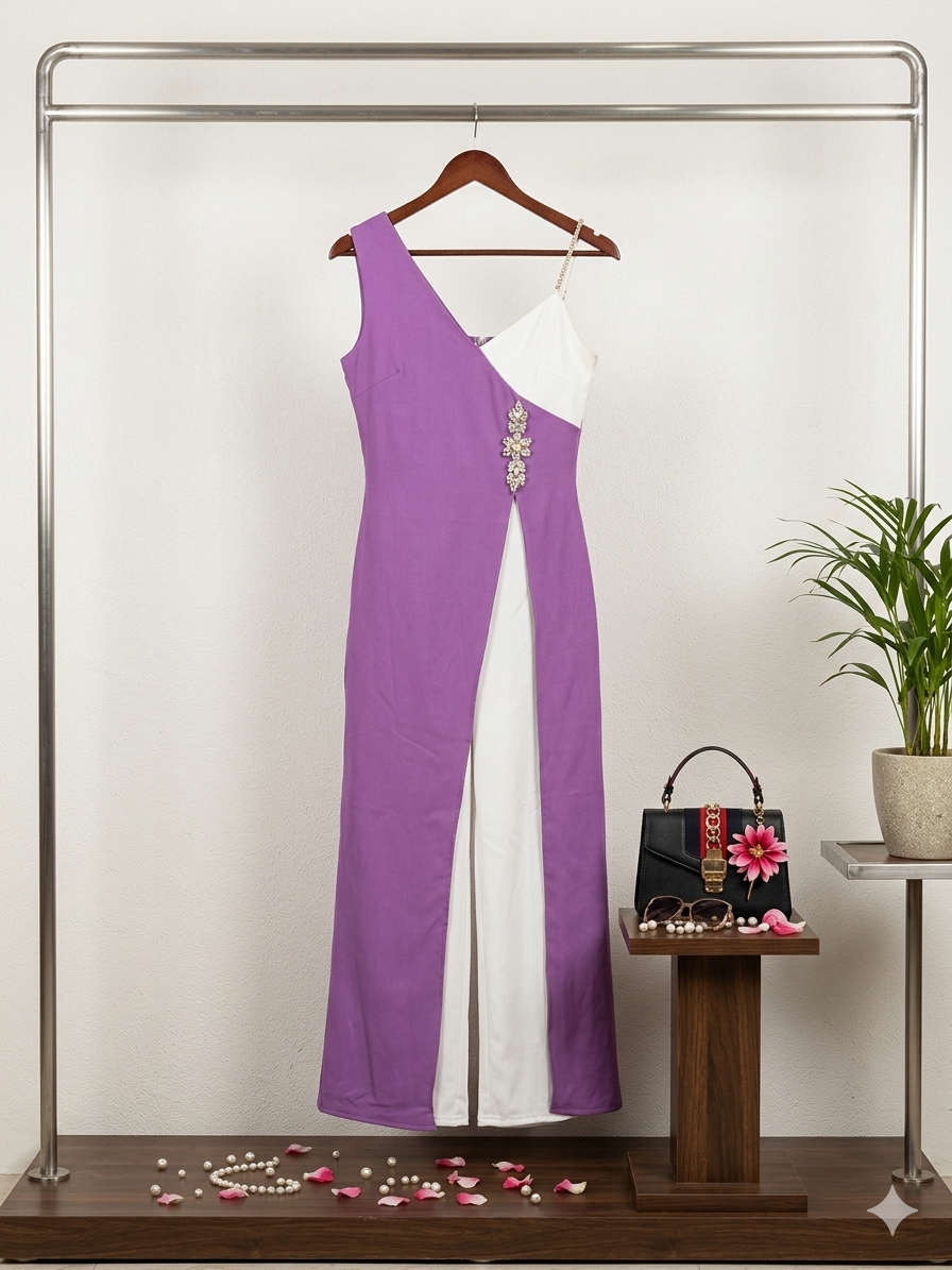 Q562307 Stylish Color-Blocked High-Slit Jumpsuit with Decorative Waist Embellishment