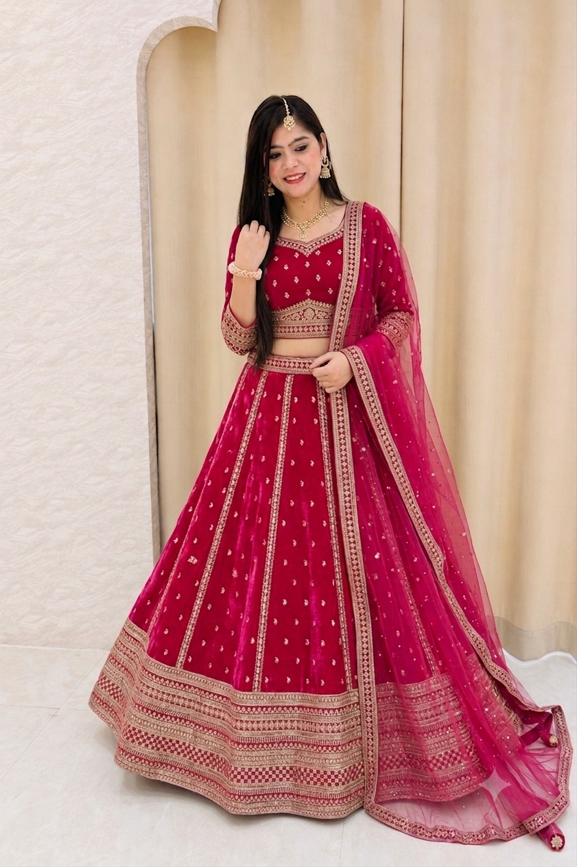 Rani Pink Raw Silk Embroidered Lehenga Choli Set with Sheer Net Dupatta 109350