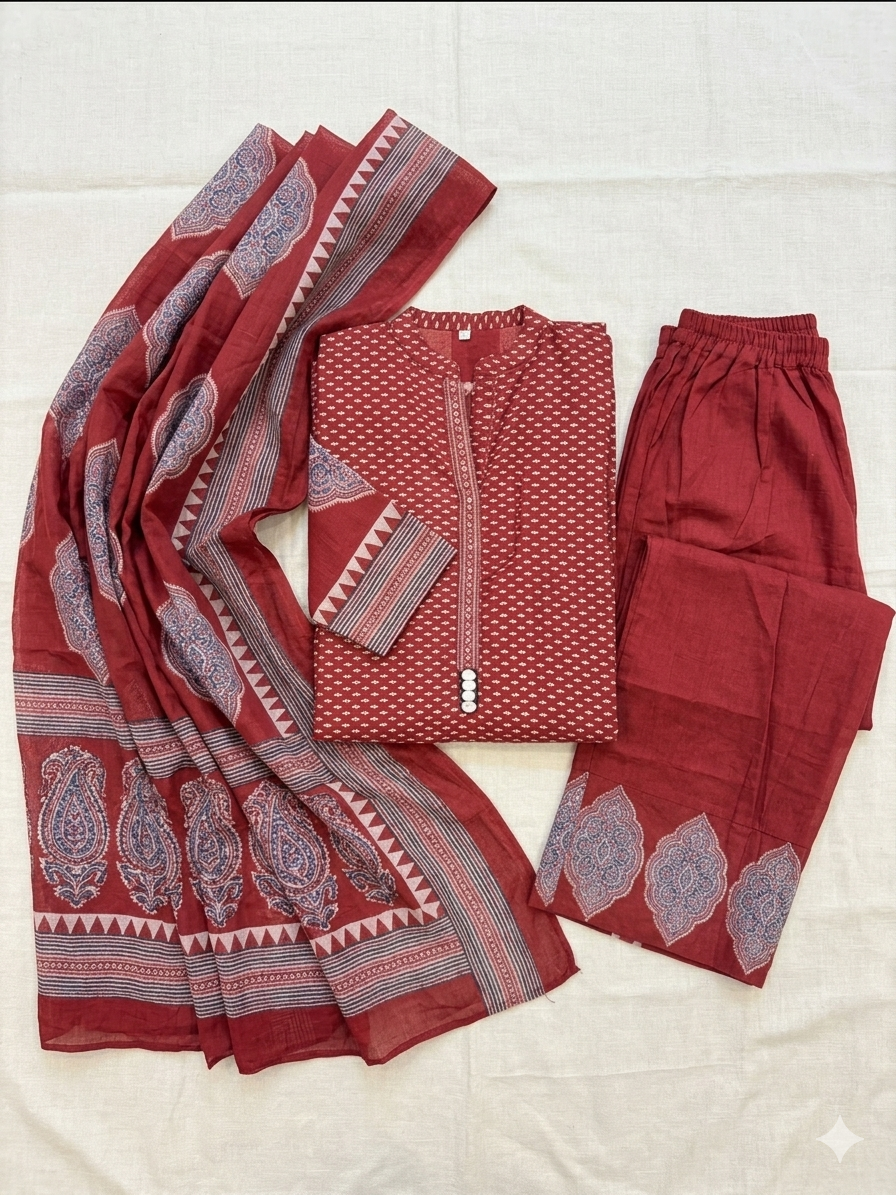 q562650  Classic Maroon Ethnic Print Kurta Set with Dupatta and Matching pant
