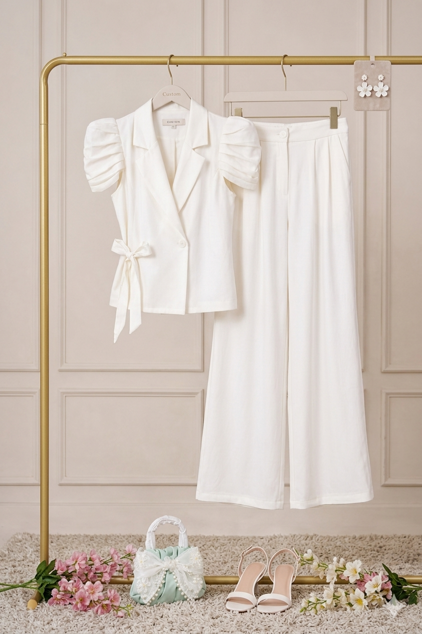 Q562558 Elegant White Puff Sleeve Co-ord Set for Women