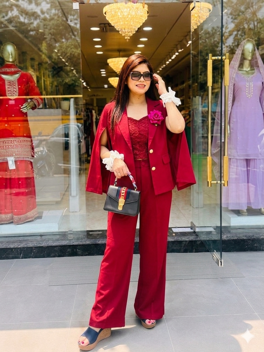 Q562544 Wine Red 3-Piece Party Wear Co-ord Set with Sequin Crop Top & Blazer