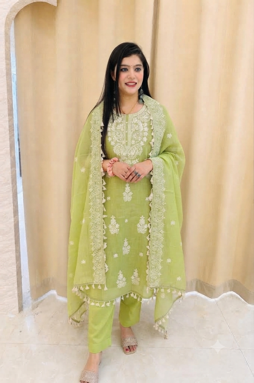 Elegant Lime Green Embroidered Chanderi Cotton Stitched Suit Set q562931