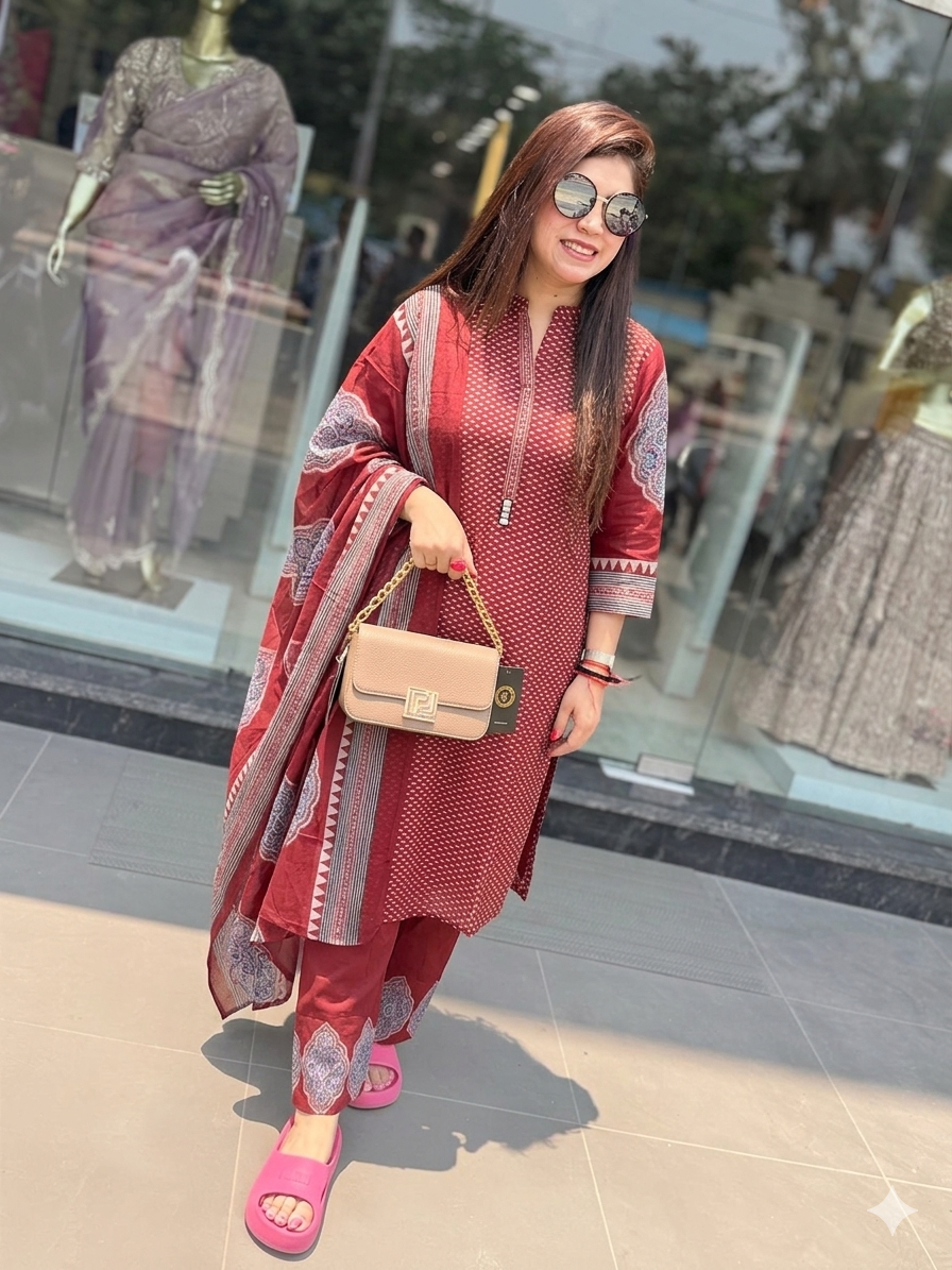 q562650  Classic Maroon Ethnic Print Kurta Set with Dupatta and Matching pant