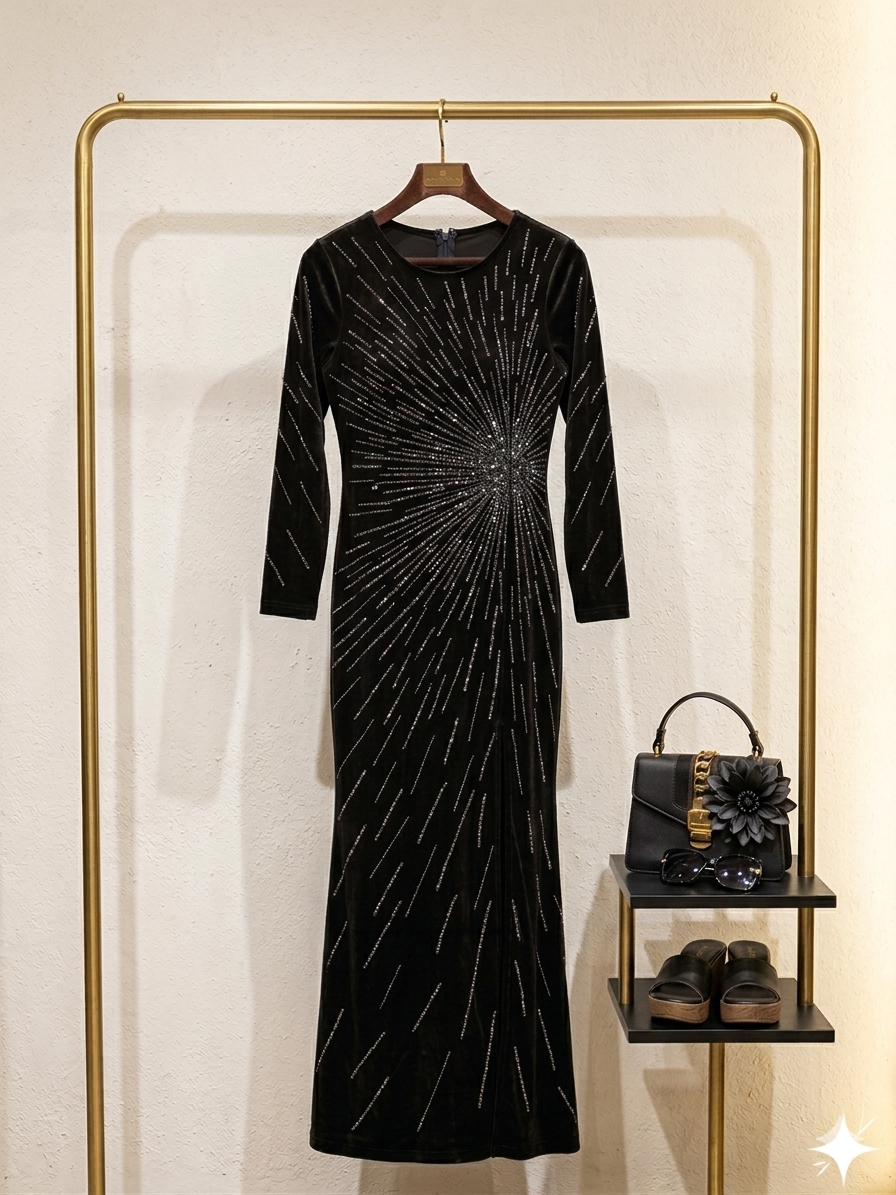 Q562152 Elegant black sequin gown with dazzling starburst detailing and a sleek front slit