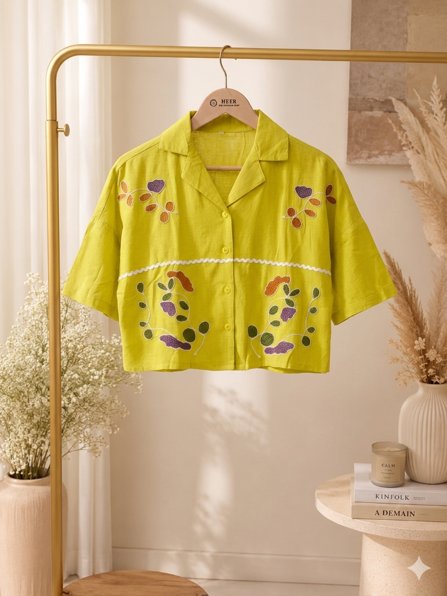 Vibrant Lime Green Embroidered Casual Shirt – Floral Fusion Top q562856