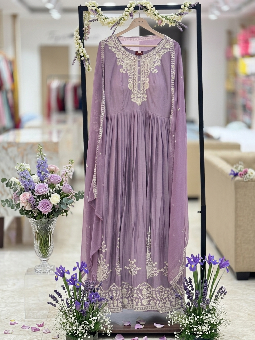 Lavender Embroidered Anarkali Suit with Heavy Neckline & Dupatta q562253