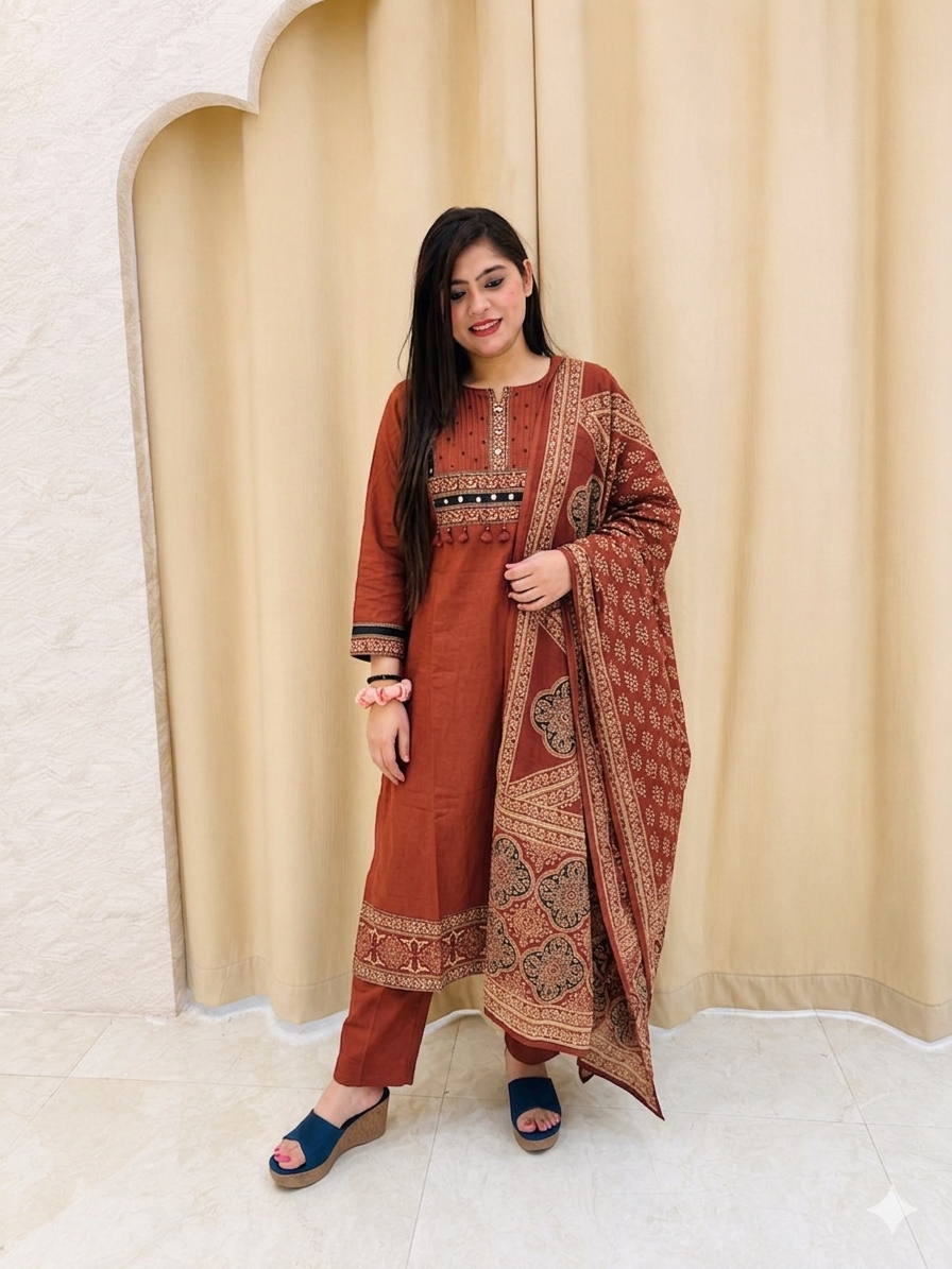 Premium Rust-Brown Hand-Block Printed Cotton Kurta Set with Ajrakh Dupatta q562836