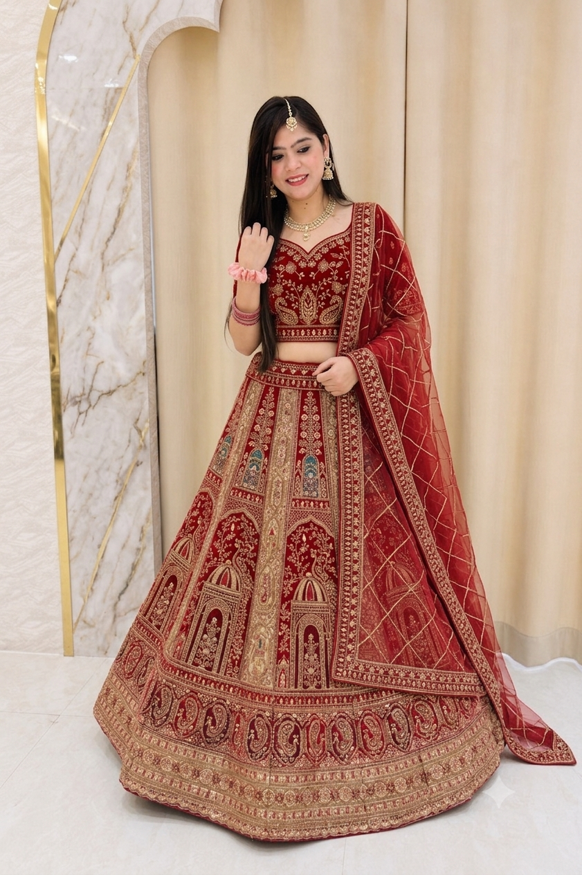 Royal Crimson Hand-Embroidered Bridal Lehenga Choli Set 109410