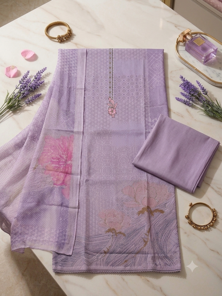 Lilac Floral Printed Unstitched Cotton Suit Set with Matching Dupatta q562918