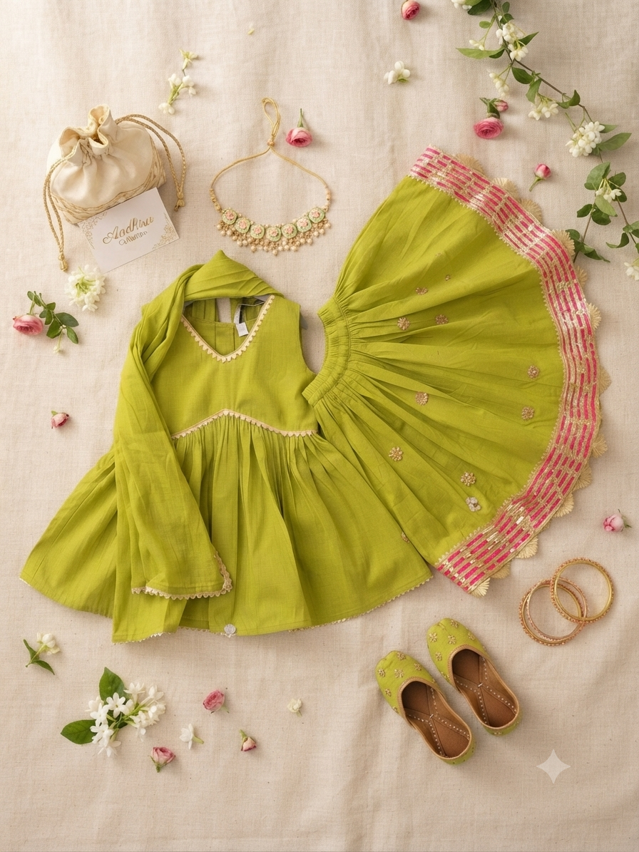 Lime Green Embroidered  Kurta & Skirt Set for Kids q562953