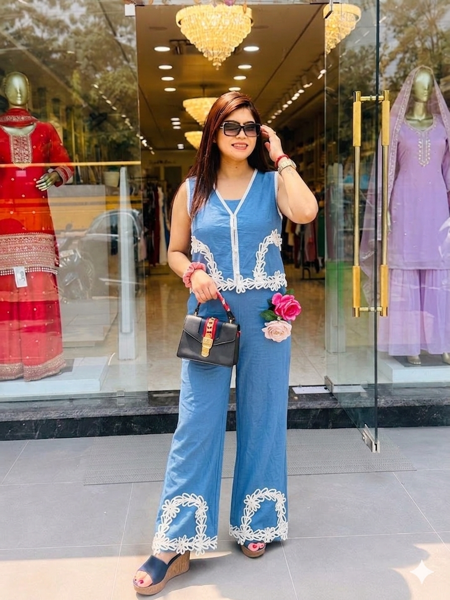 Q562572 Sky Blue Floral Lace Co-Ord Set
