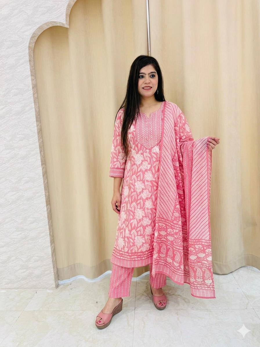 Premium Pink & White Cotton Block Print Anarkali Suit Set with Embroidered Neck & Dupatta - 3 Piece