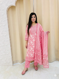 Premium Pink & White Cotton Block Print Anarkali Suit Set with Embroidered Neck & Dupatta - 3 Piece